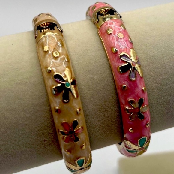 Vintage Beaded Necklace & Floral Enamel Bangle Set Crystal Pink Peach Cream N60 - Picture 5 of 7